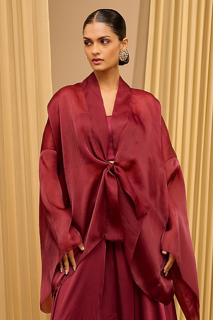 Wine Organza Satin Fluid Shirt by Tarun Tahiliani at Pernia's Pop Up Shop