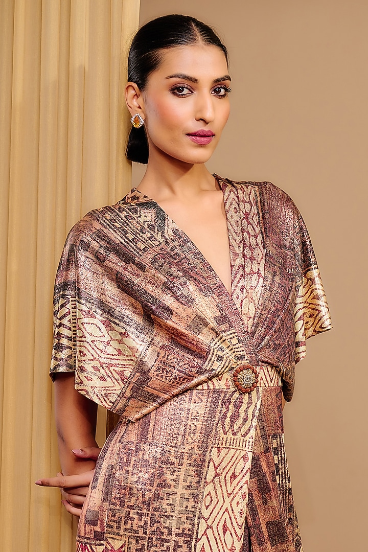 Brown Foil Jersey Printed Jumpsuit by Tarun Tahiliani at Pernia's Pop Up Shop