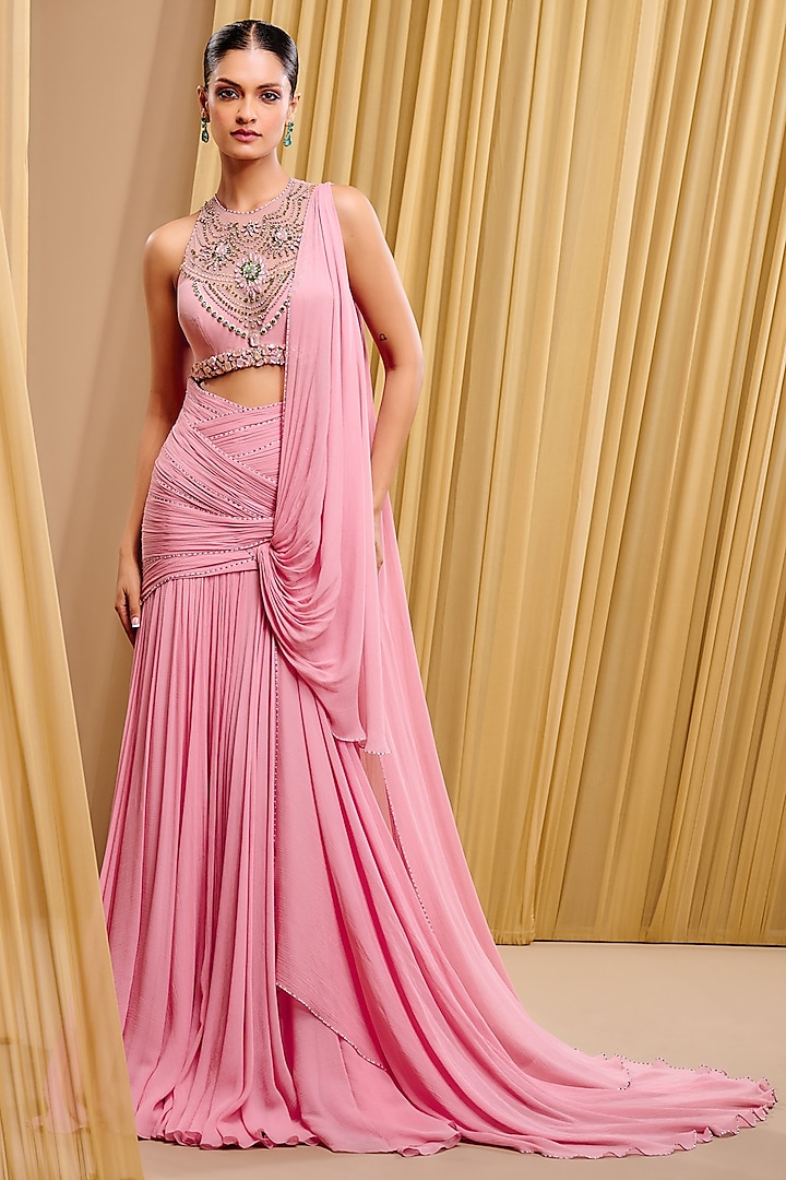 Pink Silk Chiffon Concept Saree Set by Tarun Tahiliani