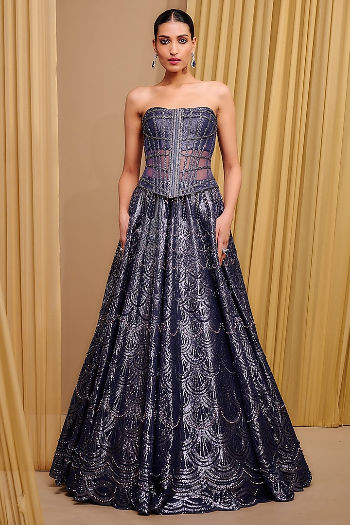 Midnight Blue Tulle Sequins Embroidered Bridal lehenga for 22 Lehenga Set by Tarun Tahiliani at Pernia's Pop Up Shop