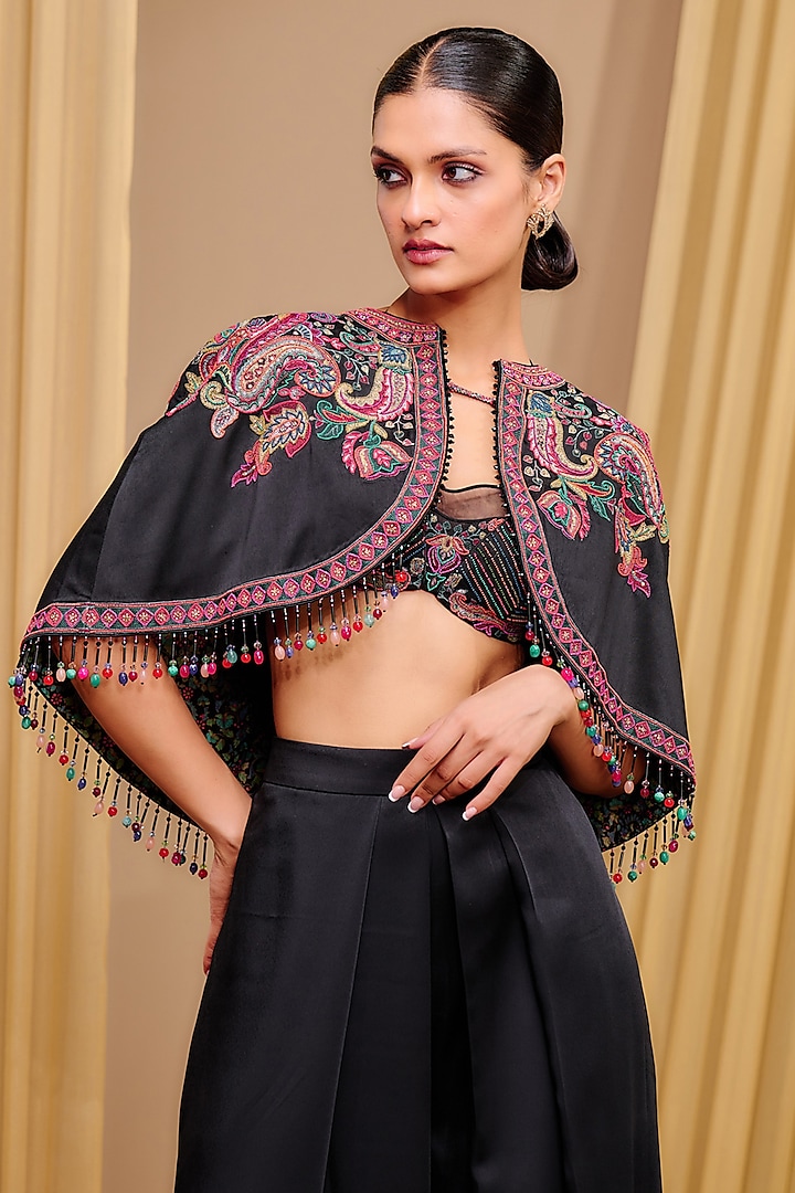 Black Satin Bead Embroidered Cape by Tarun Tahiliani