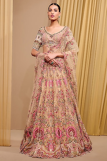 Multi-Colored Tulle & Zari Chanderi Embroidered Lehenga Set by Tarun Tahiliani