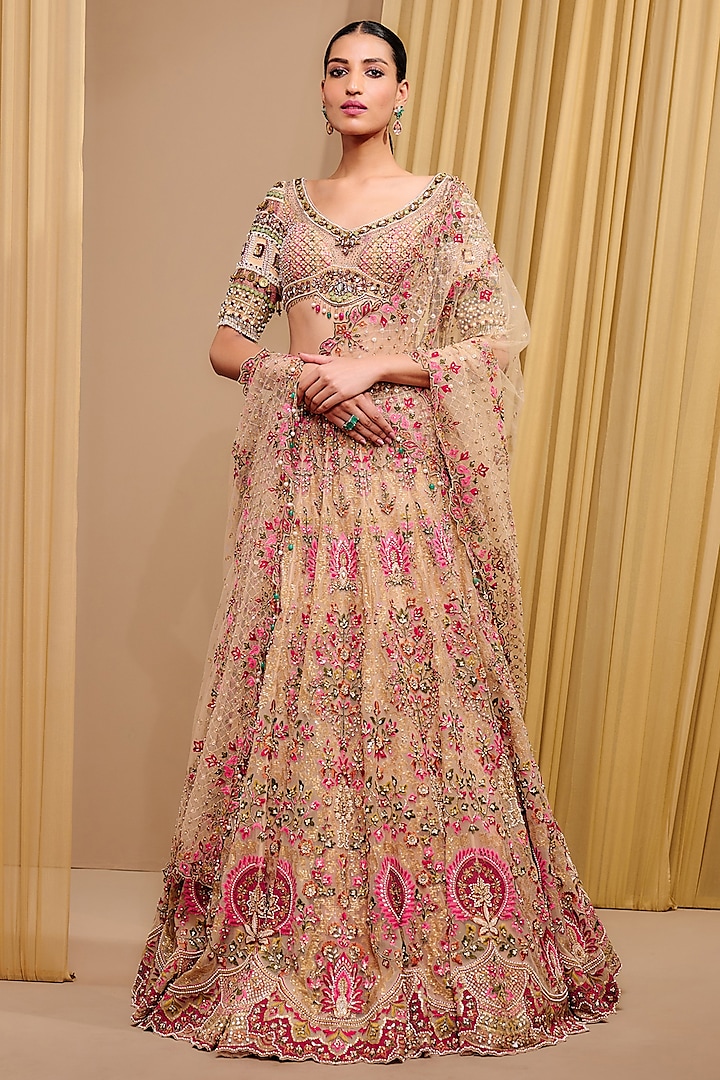 Multi-Colored Tulle & Zari Chanderi Embroidered Bridal Lehenga Set by Tarun Tahiliani at Pernia's Pop Up Shop