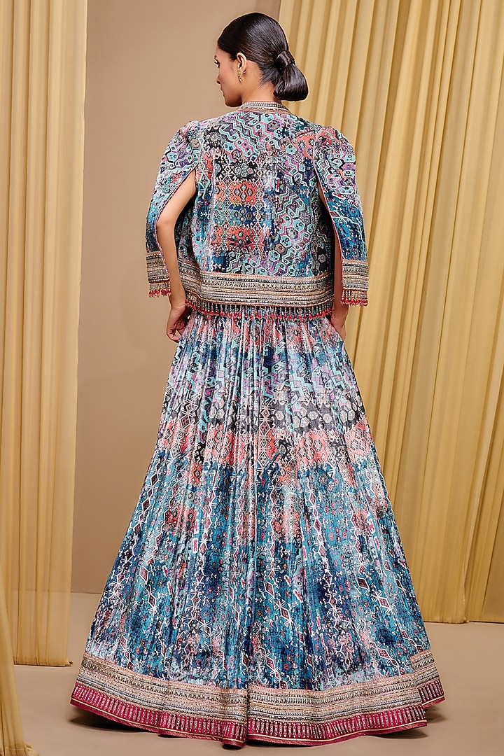 Teal Silk Velvet Printed & Embroidered Jacket Bridal Lehenga Set by Tarun Tahiliani at Pernia's Pop Up Shop
