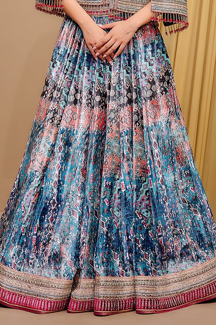 Teal Silk Velvet Printed & Embroidered Jacket Bridal Lehenga Set by Tarun Tahiliani at Pernia's Pop Up Shop