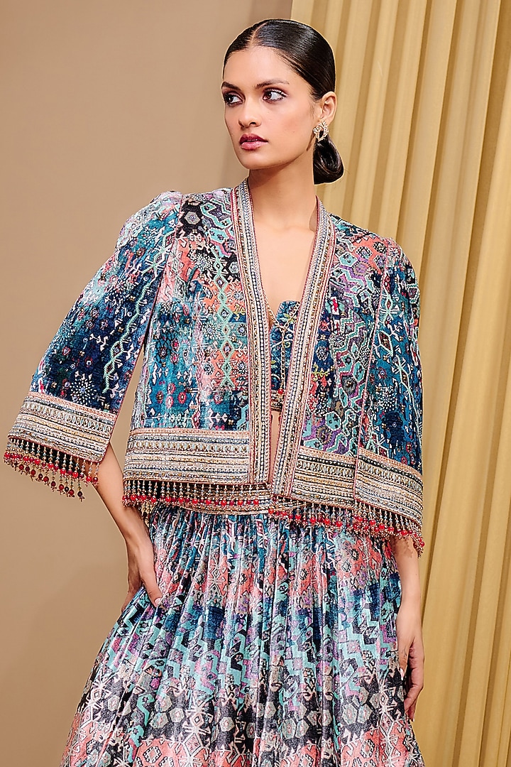 Teal Silk Velvet Printed & Embroidered Jacket Bridal Lehenga Set by Tarun Tahiliani at Pernia's Pop Up Shop