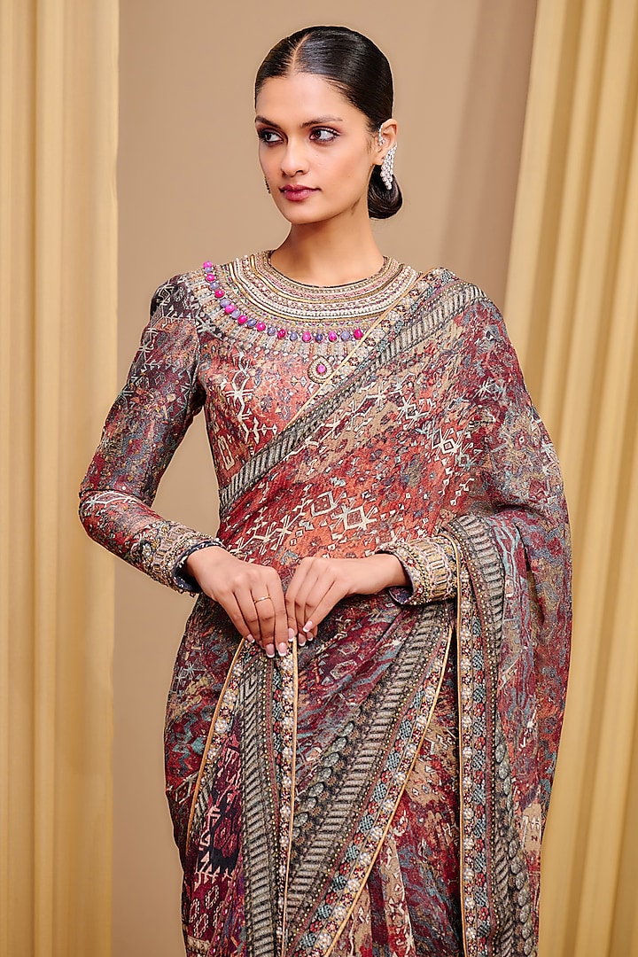 Brown Silk Chiffon Printed Reception Saree Set by Tarun Tahiliani at Pernia's Pop Up Shop