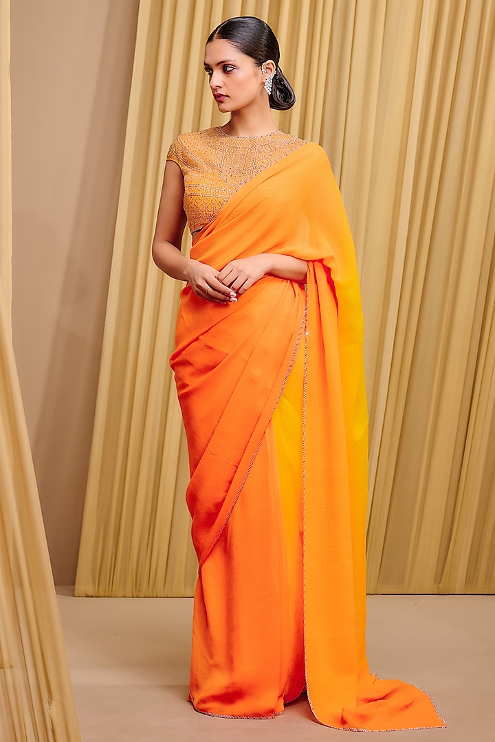 Mango Orange Chiffon Saree Set by Tarun Tahiliani at Pernia's Pop Up Shop