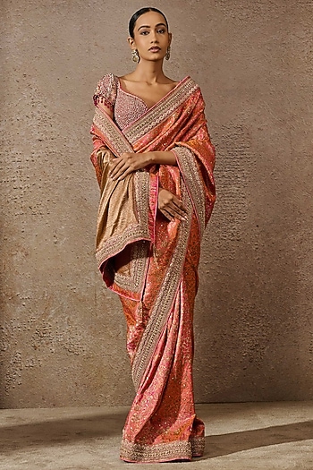 Candy-Colored Brocade Hand Embroidered Saree Set by Tarun Tahiliani