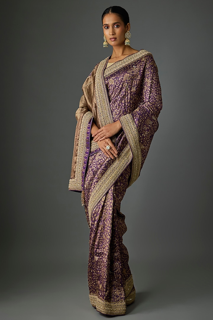Purple Handwoven Brocade Sequins Embroidered Bridal Saree Set by Tarun Tahiliani at Pernia's Pop Up Shop