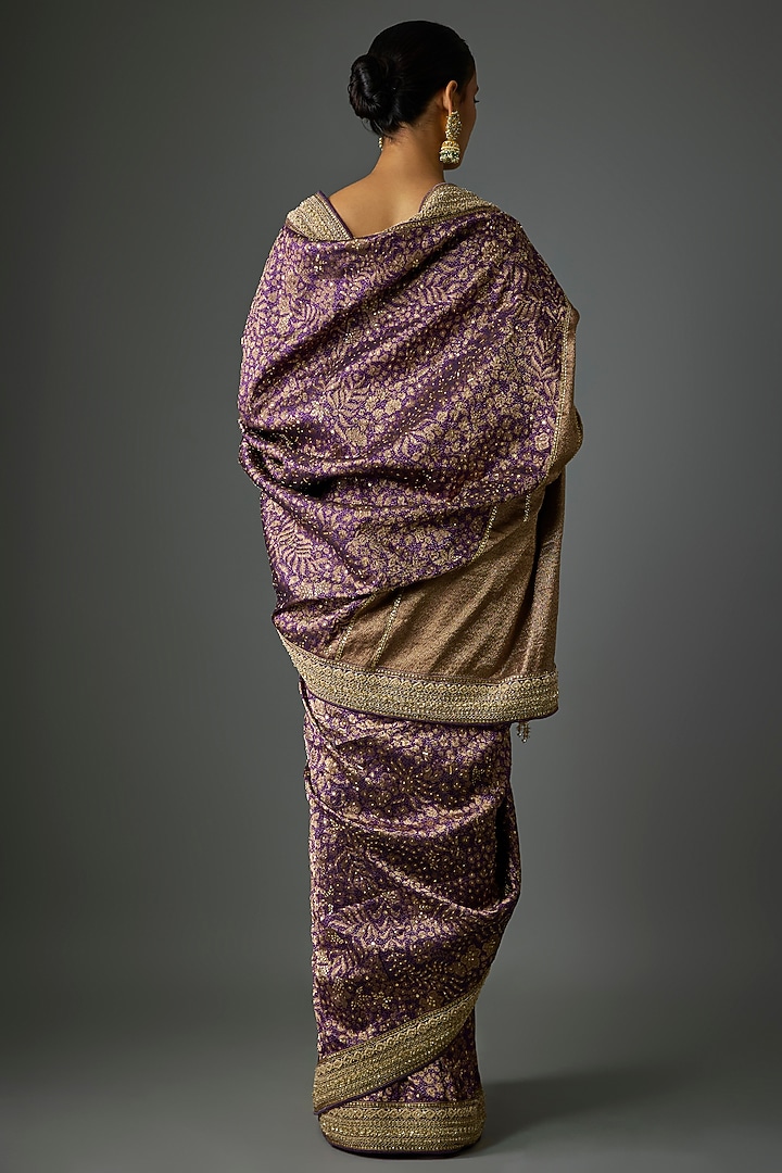 Purple Handwoven Brocade Sequins Embroidered Bridal Saree Set by Tarun Tahiliani at Pernia's Pop Up Shop