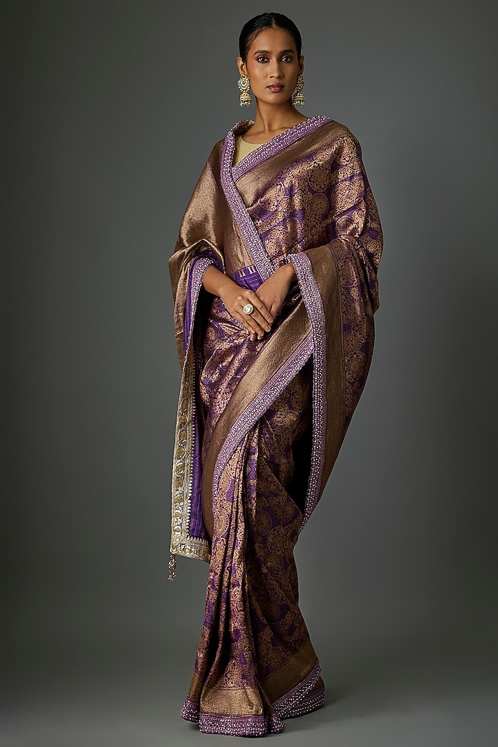 Purple Brocade Handwoven Brocade Reception Saree Set by Tarun Tahiliani at Pernia's Pop Up Shop