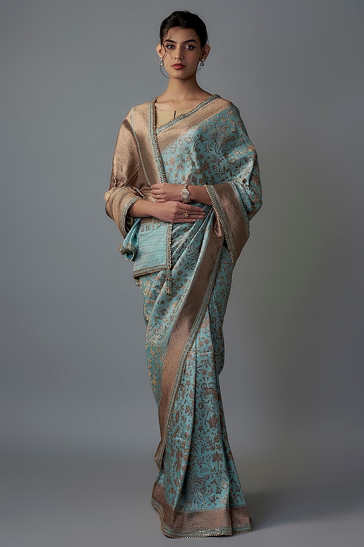 Turquoise Silk Saree Set by Tarun Tahiliani at Pernia's Pop Up Shop