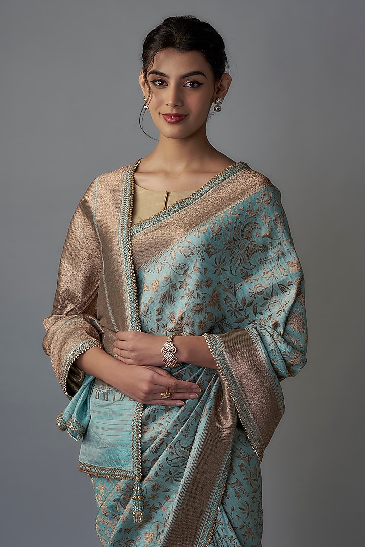 Turquoise Silk Wedding Saree Set by Tarun Tahiliani at Pernia's Pop Up Shop