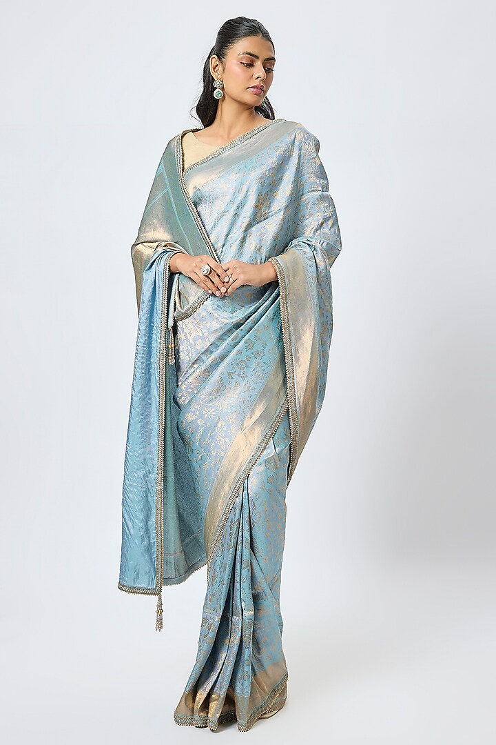 Blue Brocade Hand Embroidered Wedding Saree Set by Tarun Tahiliani at Pernia's Pop Up Shop
