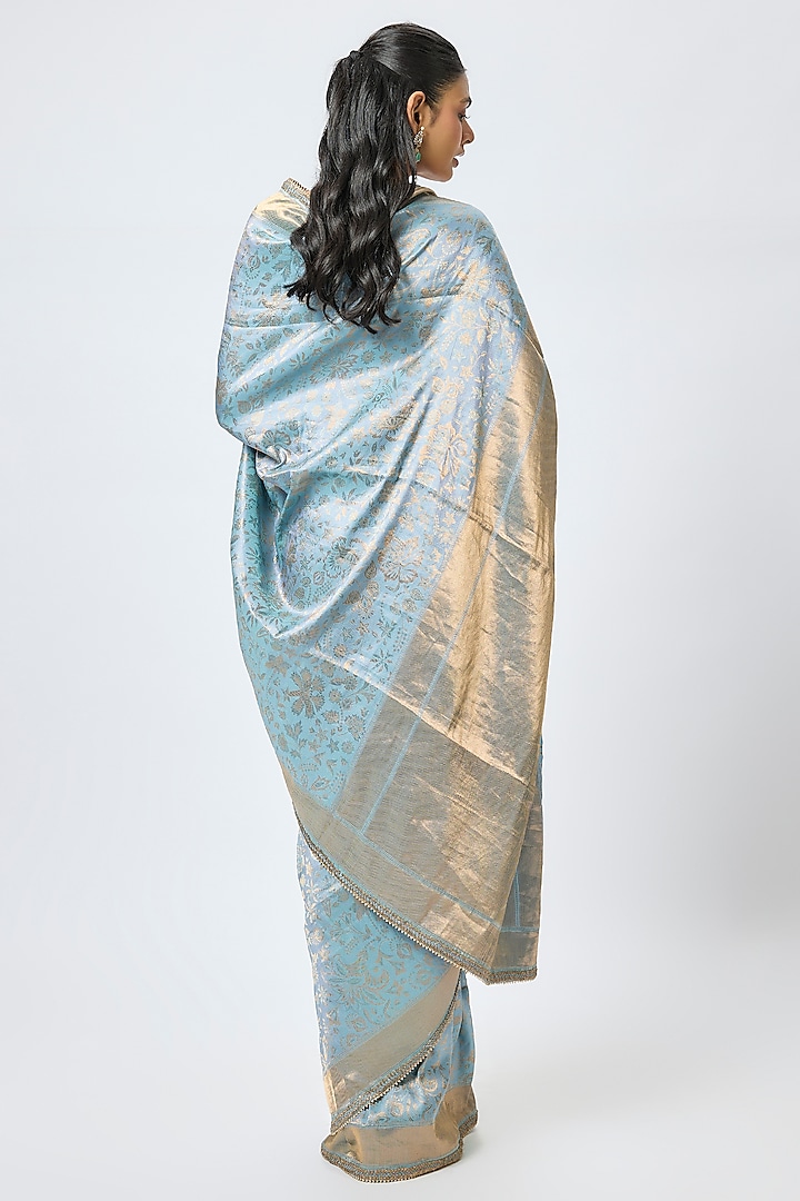 Blue Brocade Hand Embroidered Wedding Saree Set by Tarun Tahiliani at Pernia's Pop Up Shop
