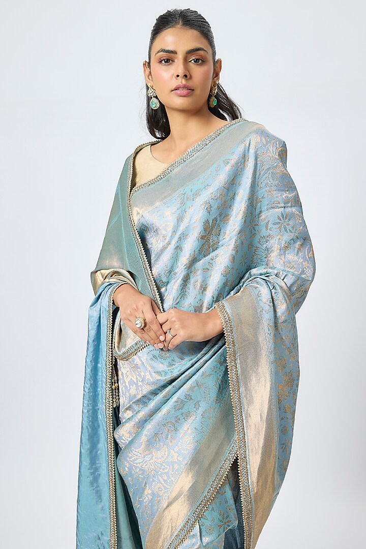 Blue Brocade Hand Embroidered Wedding Saree Set by Tarun Tahiliani at Pernia's Pop Up Shop