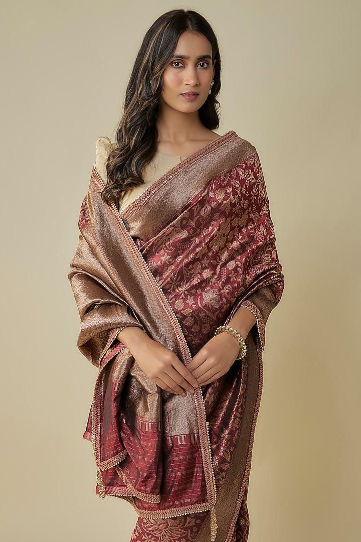 Maroon Silk Wedding Saree Set by Tarun Tahiliani at Pernia's Pop Up Shop