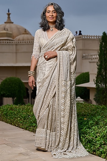 Ivory Tissue Kanjivaram Pearl Embellished Saree Set by Tarun Tahiliani