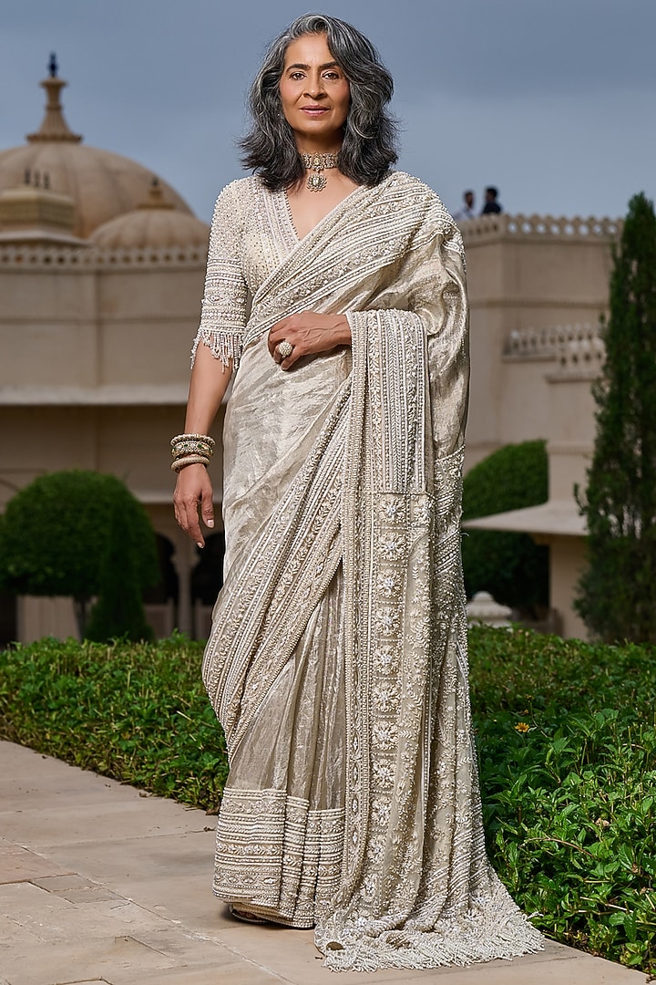 Ivory Tissue Kanjivaram Pearl Embellished Bridal Saree Set by Tarun Tahiliani at Pernia's Pop Up Shop