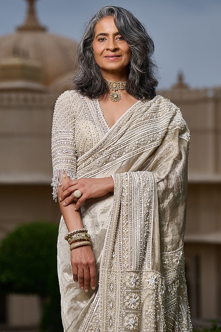 Ivory Tissue Kanjivaram Pearl Embellished Bridal Saree Set by Tarun Tahiliani at Pernia's Pop Up Shop