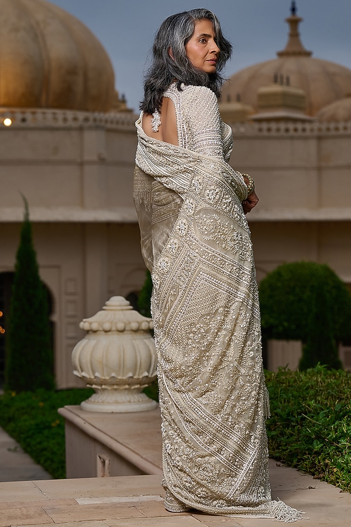 Ivory Tissue Kanjivaram Pearl Embellished Bridal Saree Set by Tarun Tahiliani at Pernia's Pop Up Shop