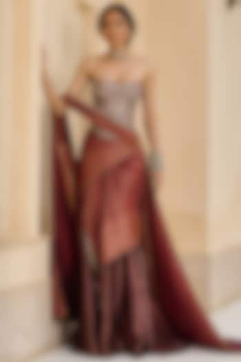 Wine Brocade Kanjivaram Pre-Draped Bridal Saree Set by Tarun Tahiliani at Pernia's Pop Up Shop