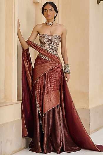 Wine Brocade Kanjivaram Pre-Draped Saree Set by Tarun Tahiliani