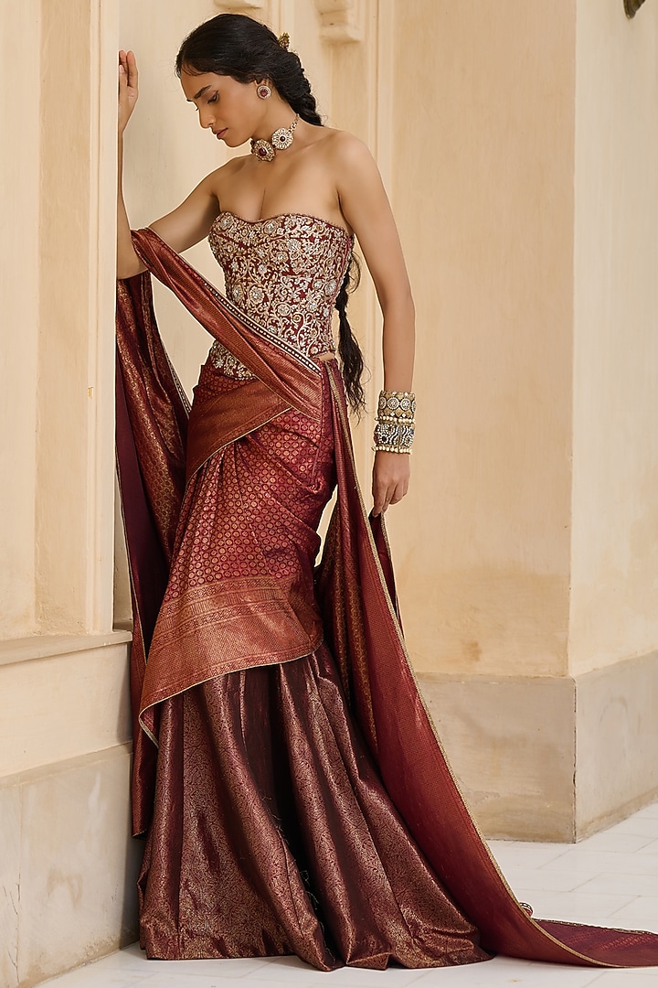 Wine Brocade Kanjivaram Pre-Draped Bridal Saree Set by Tarun Tahiliani at Pernia's Pop Up Shop