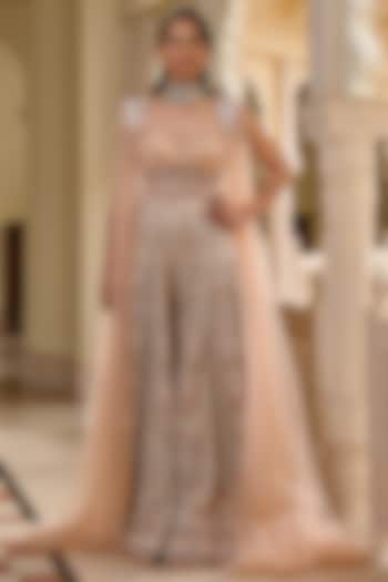 Peach Tulle Threadwork Embroidered Jumpsuit With Cape by Tarun Tahiliani at Pernia's Pop Up Shop