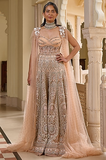 Peach Tulle Threadwork Embroidered Jumpsuit With Cape by Tarun Tahiliani