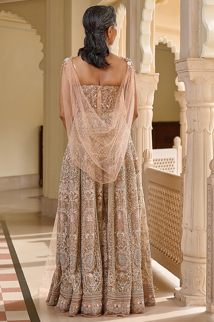Peach Tulle Threadwork Embroidered Jumpsuit With Cape by Tarun Tahiliani at Pernia's Pop Up Shop