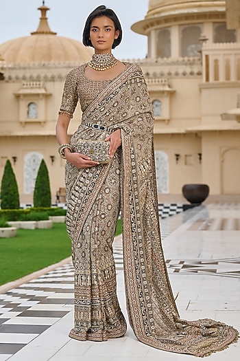 Black & Multi-Colored Georgette Zari Embroidered Saree Set by Tarun Tahiliani