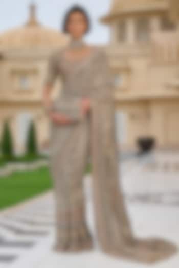 Black & Multi-Colored Georgette Zari Embroidered Bridal Saree Set by Tarun Tahiliani at Pernia's Pop Up Shop