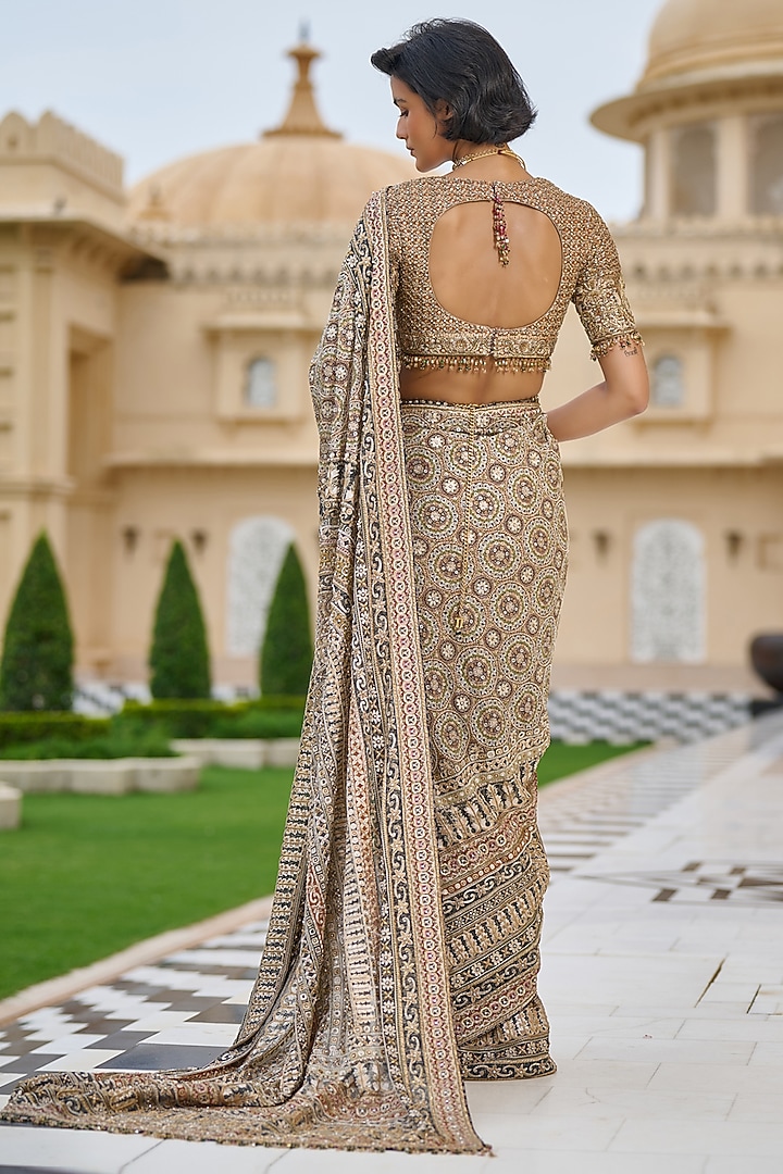 Black & Multi-Colored Georgette Zari Embroidered Bridal Saree Set by Tarun Tahiliani at Pernia's Pop Up Shop