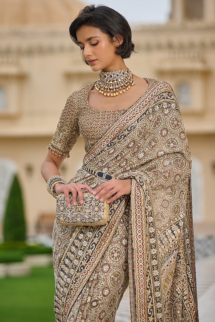 Black & Multi-Colored Georgette Zari Embroidered Bridal Saree Set by Tarun Tahiliani at Pernia's Pop Up Shop