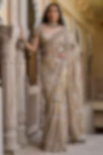 Gold Indian Tulle Crystal Embellished Bridal Saree Set by Tarun Tahiliani at Pernia's Pop Up Shop