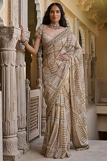 Gold Indian Tulle Crystal Embellished Saree Set by Tarun Tahiliani