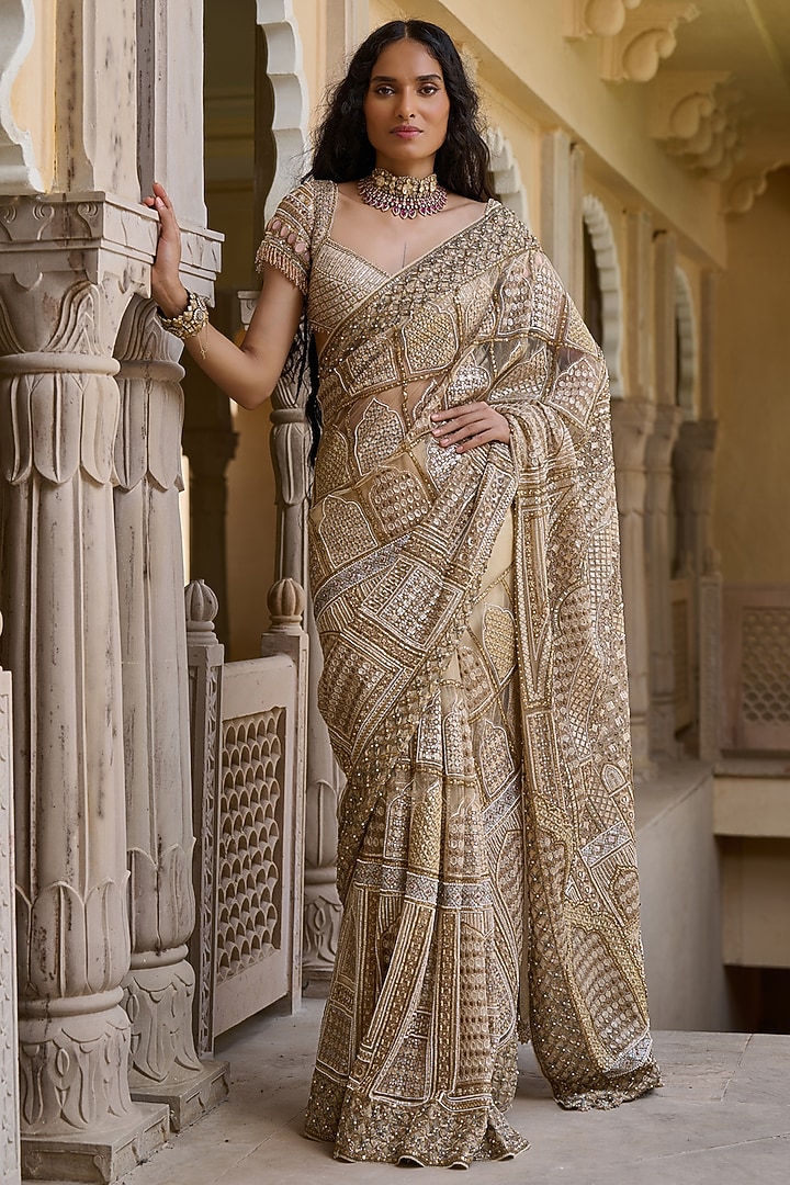 Gold Indian Tulle Crystal Embellished Bridal Saree Set by Tarun Tahiliani at Pernia's Pop Up Shop