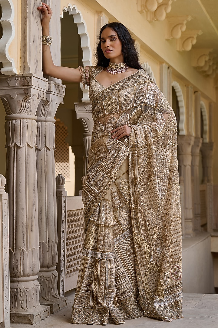 Gold Indian Tulle Crystal Embellished Bridal Saree Set by Tarun Tahiliani at Pernia's Pop Up Shop