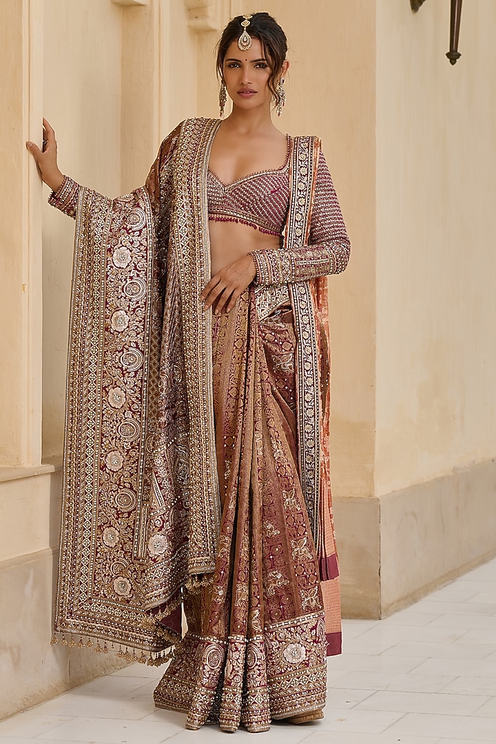 Wine Kanjivaram & Silk Dupion Embellished Bridal Saree Set by Tarun Tahiliani at Pernia's Pop Up Shop