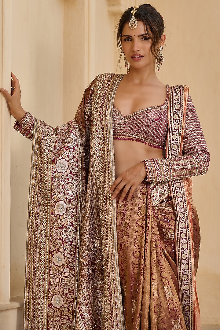 Wine Kanjivaram & Silk Dupion Embellished Bridal Saree Set by Tarun Tahiliani at Pernia's Pop Up Shop