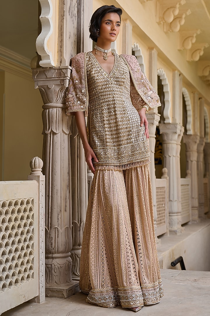 Gold Lace Sequins Embroidered Bridal Sharara Set by Tarun Tahiliani at Pernia's Pop Up Shop