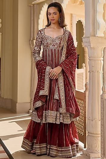 Wine Silk Dupion Zari Hand Embroidered Sharara Set by Tarun Tahiliani