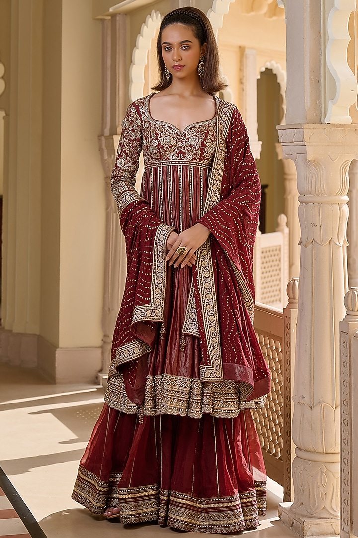 Wine Silk Dupion Zari Hand Embroidered Bridal Sharara Set by Tarun Tahiliani at Pernia's Pop Up Shop