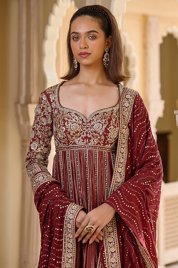 Wine Silk Dupion Zari Hand Embroidered Bridal Sharara Set by Tarun Tahiliani at Pernia's Pop Up Shop