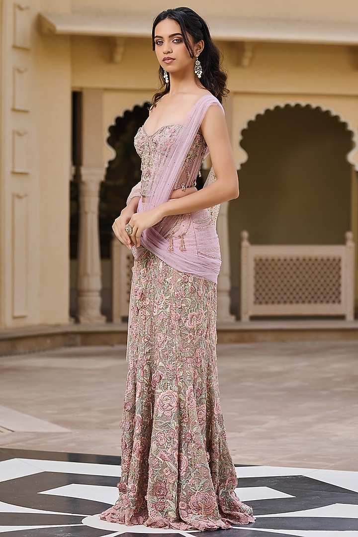 Blush Indian Tulle Floral Embroidered Fishtail Skirt Bridal Saree Set by Tarun Tahiliani at Pernia's Pop Up Shop