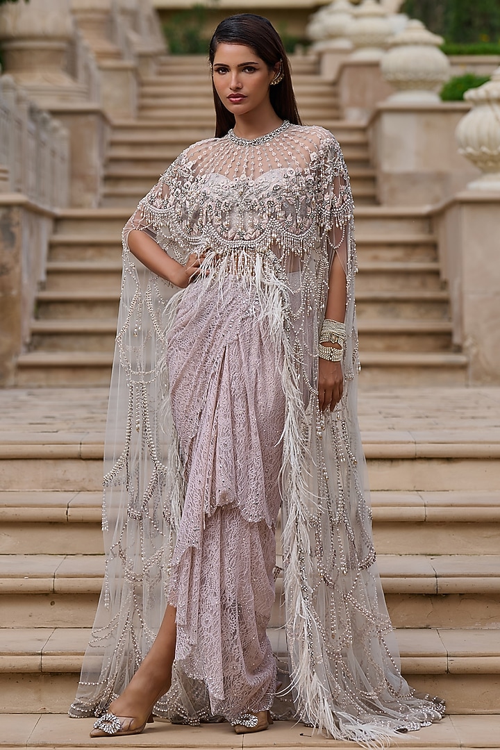 Ivory Indian Tulle Crystal Embellished Cape Set by Tarun Tahiliani at Pernia's Pop Up Shop