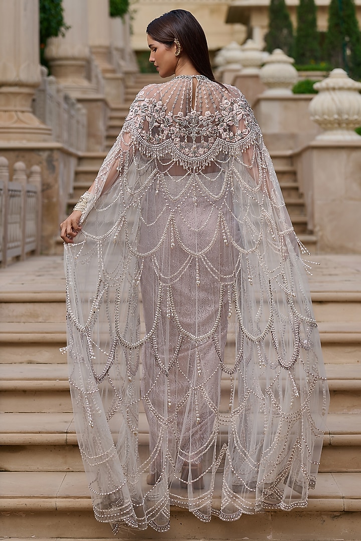 Ivory Indian Tulle Crystal Embellished Cape Set by Tarun Tahiliani at Pernia's Pop Up Shop