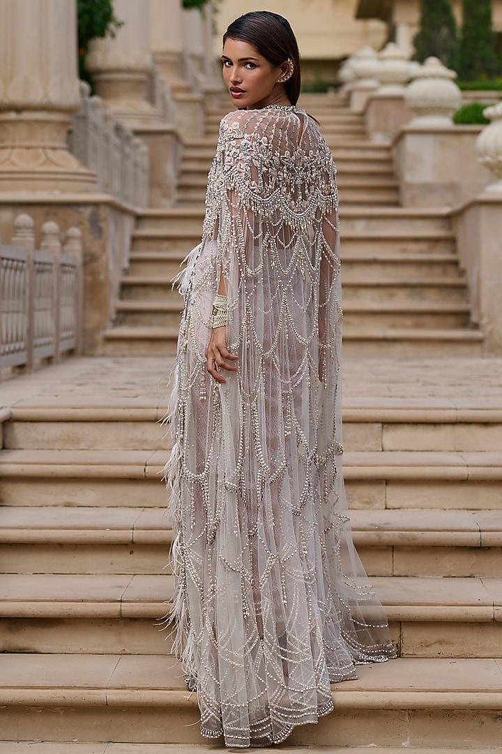Ivory Indian Tulle Crystal Embellished Cape Set by Tarun Tahiliani at Pernia's Pop Up Shop